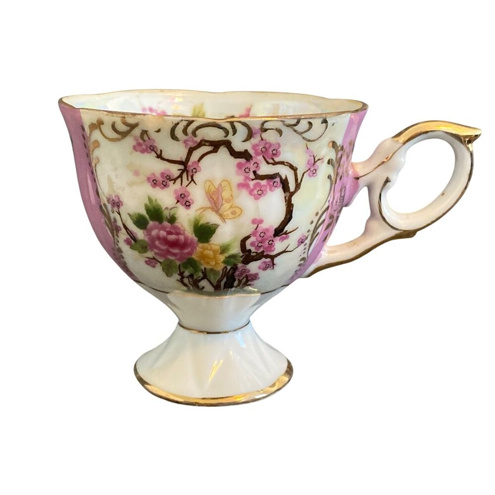 Royal Halsey Porcelain Iridescent Cup Pink Floral Butterfly Vintage